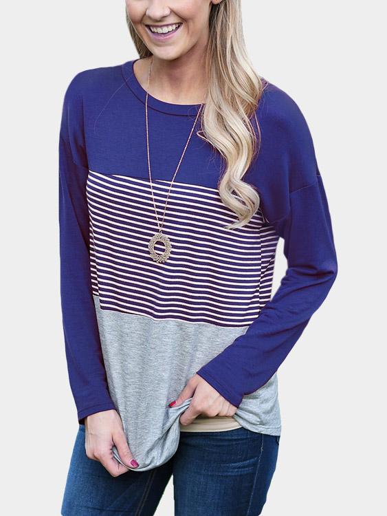 Stripe Stitching Round Neck Long Sleeves T-Shirt