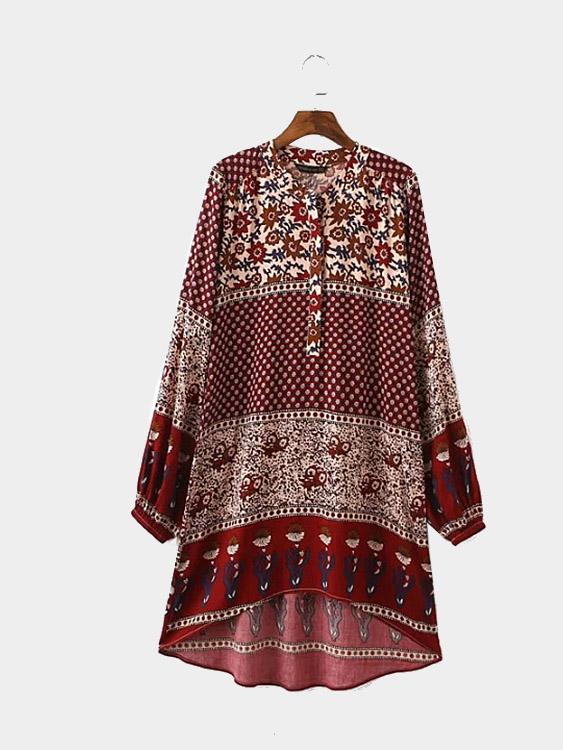 Crew Neck Long Sleeve Tribal Print Irregular Hem Midi Dress