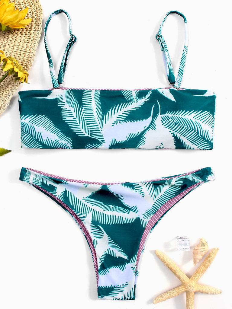 Green Sleeveless Floral Print Two Piece Bikinis