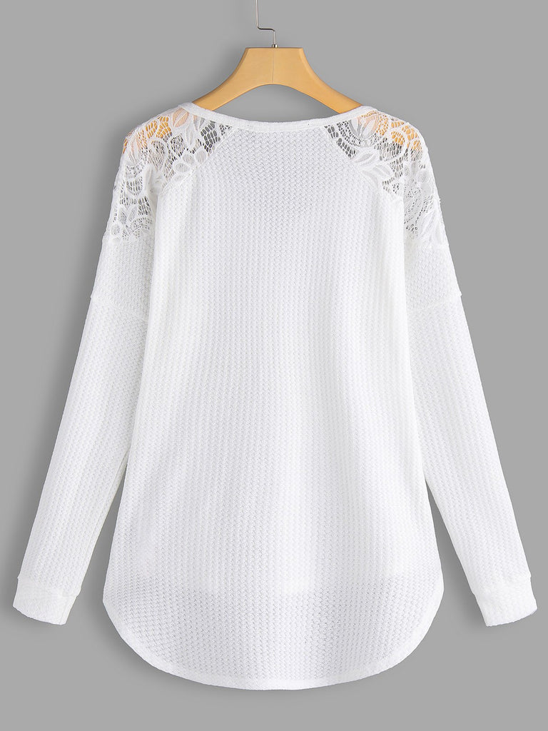 V-Neck Plain Lace Zip Back Hollow Long Sleeve Curved Hem White T-Shirts