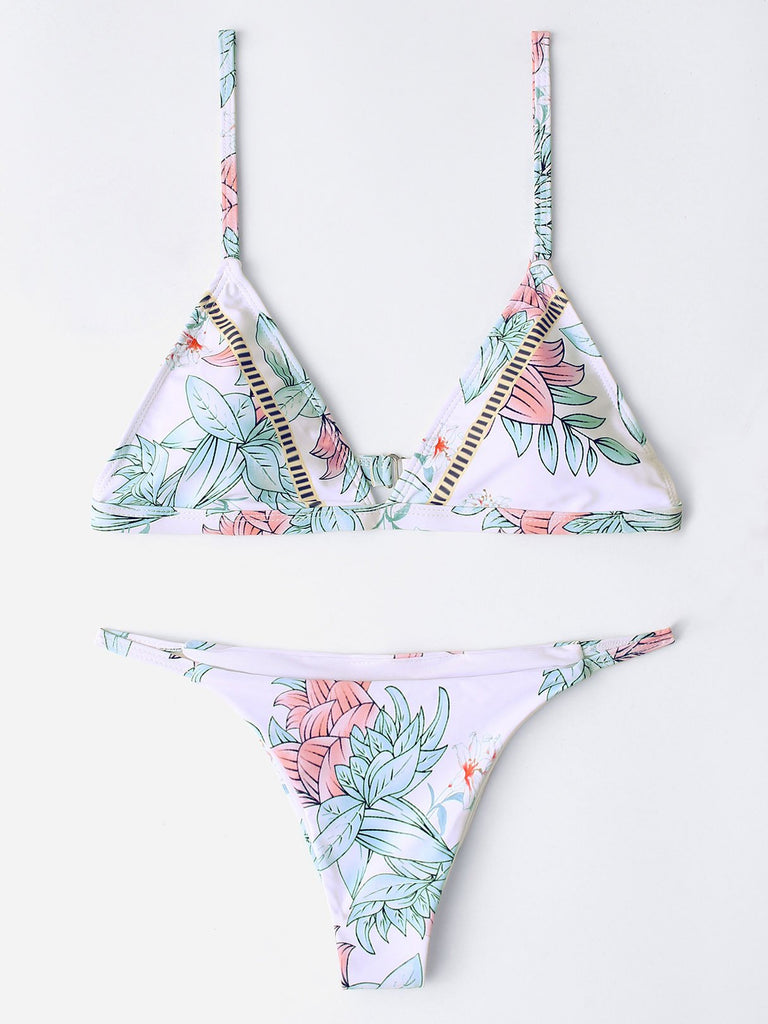White Sleeveless Floral Print Two Piece Bikinis