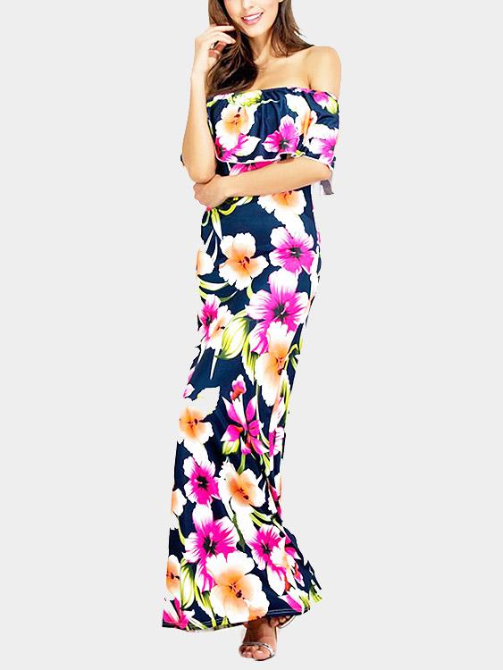 Navy Off The Shoulder Sleeveless Tiered Backless Maxi Dress