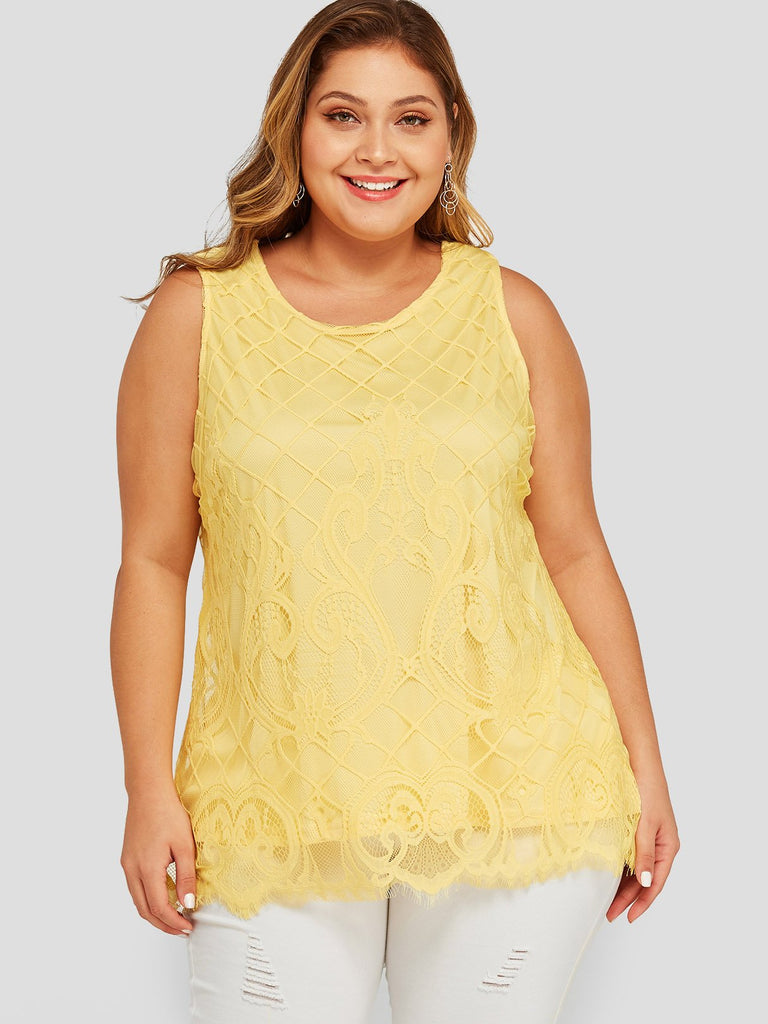 Round Neck Embroidered Sleeveless Yellow Plus Size Tops