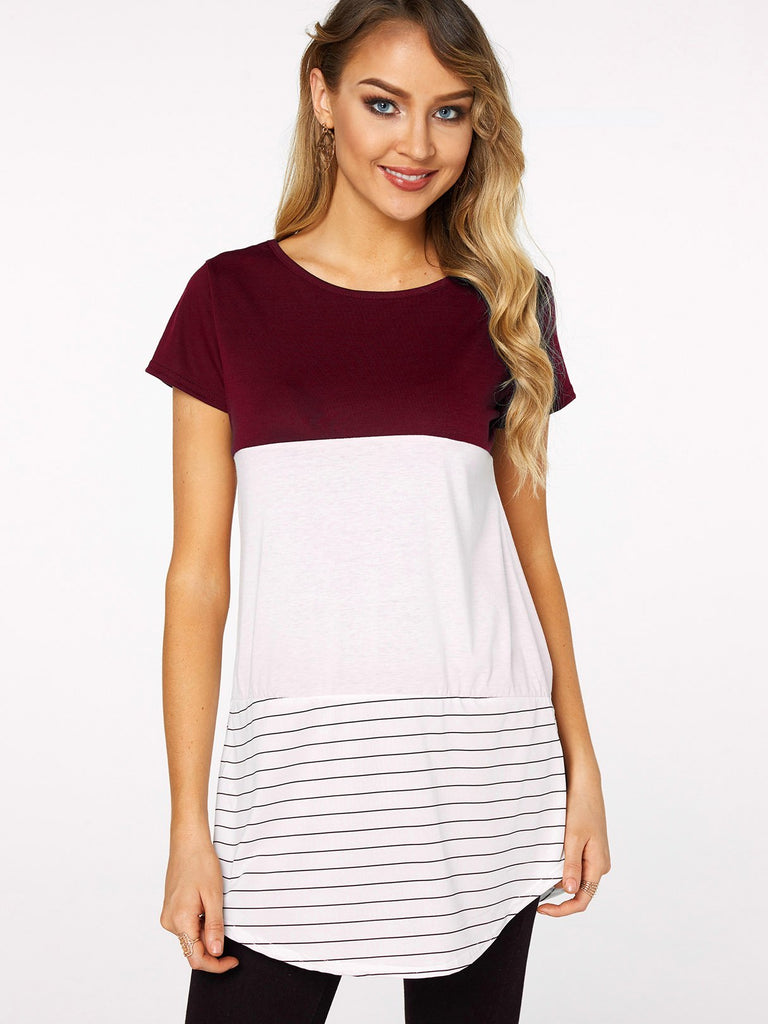 Round Neck Stripe Lace Short Sleeve Red T-Shirts