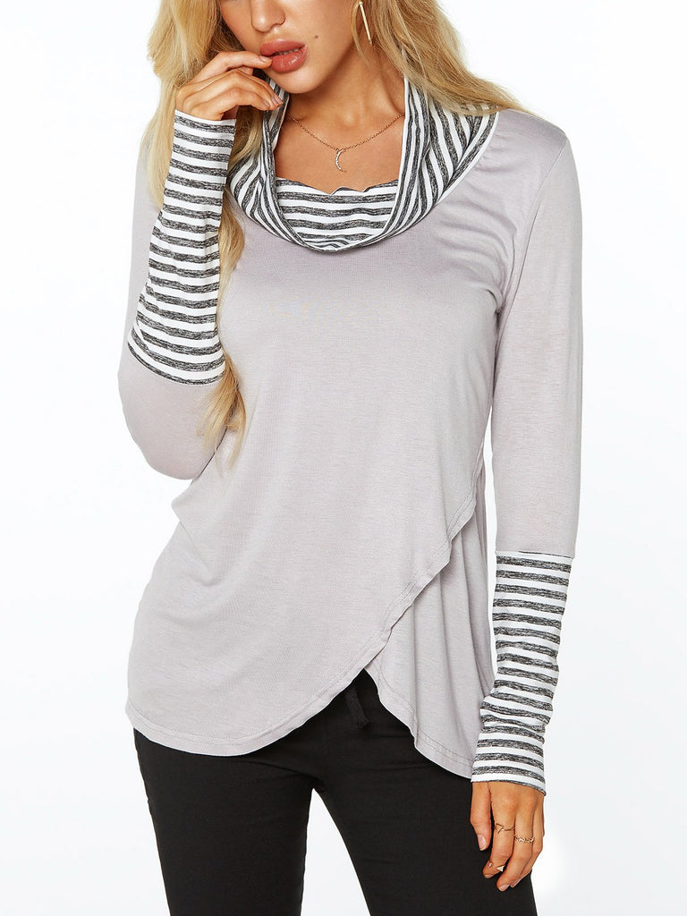 Roll Neck Stripe Long Sleeve Irregular Hem T-Shirts