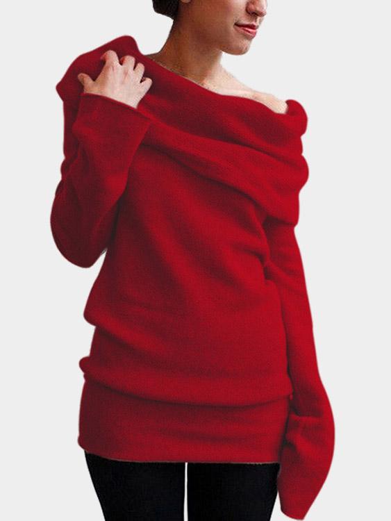 Roll Neck One Shoulder Long Sleeve Red T-Shirts