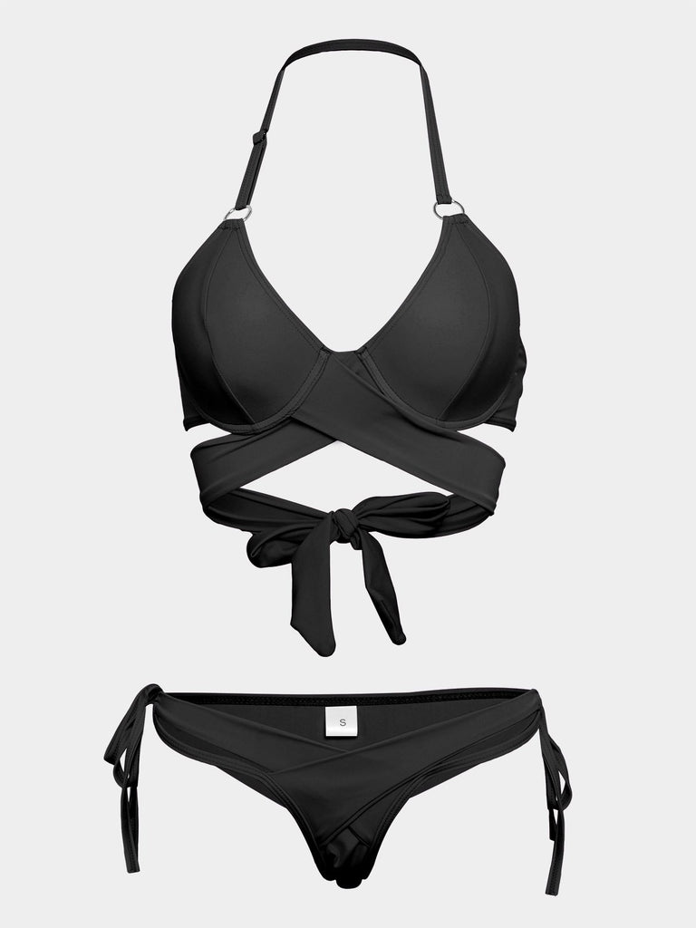 Black V-Neck Sleeveless Crossed Front Lace-Up Tie-Up Bodycon Two Piece Bikinis