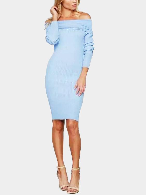 Off The Shoulder Backless Long Sleeve Blue Sexy Dresses