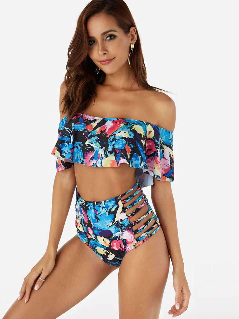 Off The Shoulder Sleeveless Floral Print Lace-Up Ruffle Hem High Waist 2 Piece Bikinis