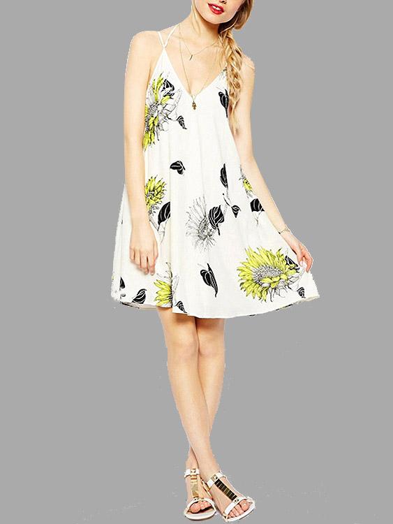 Backless V-Neck Floral Print Dresses