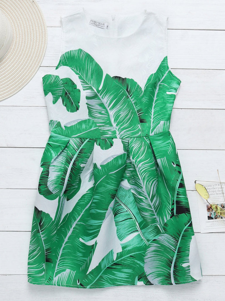 Green Round Neck Sleeveless Floral Print Mini Dress