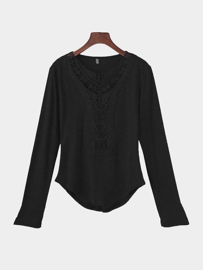 Crew Neck Hollow Long Sleeve Black T-Shirts