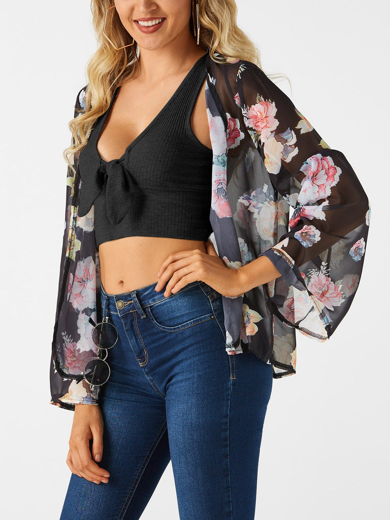 V-Neck Tie Front Embellished Sexy Crop