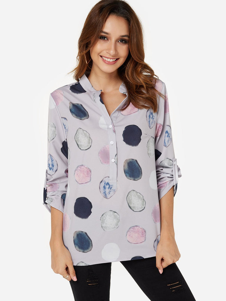 V-Neck Polka Dot 3/4 Sleeve Blouses