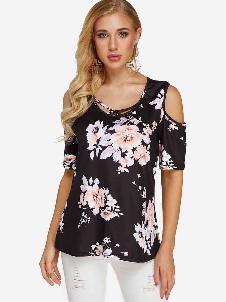 Cold Shoulder Floral Print Short Sleeve Blouses