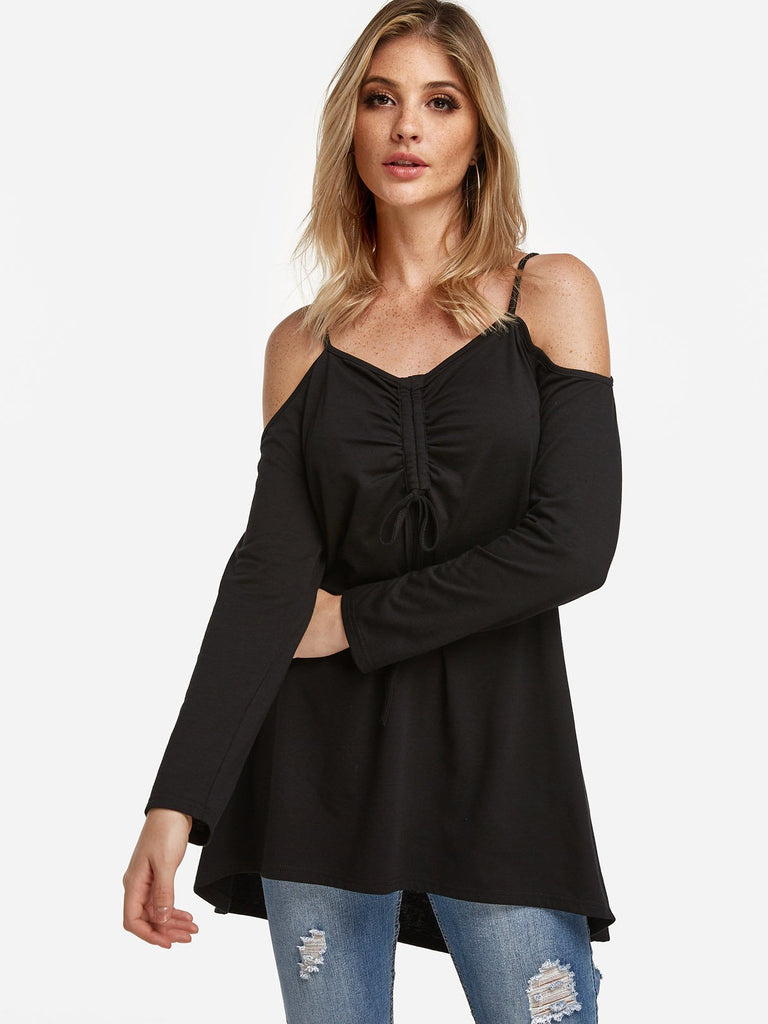 Cold Shoulder Lace-Up Long Sleeve Irregular Hem Black Tee