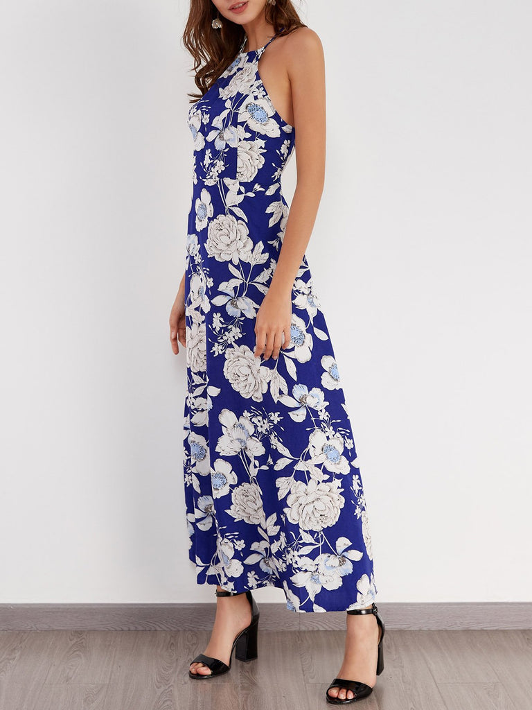 Round Neck Sleeveless Floral Print Backless Cut Out Maxi Dress