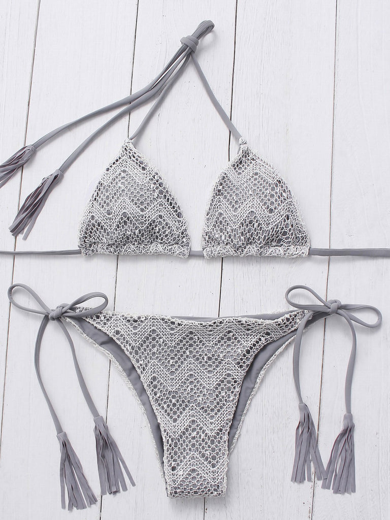 Grey V-Neck Sleeveless Floral Print Backless Lace-Up Two Piece Bikinis