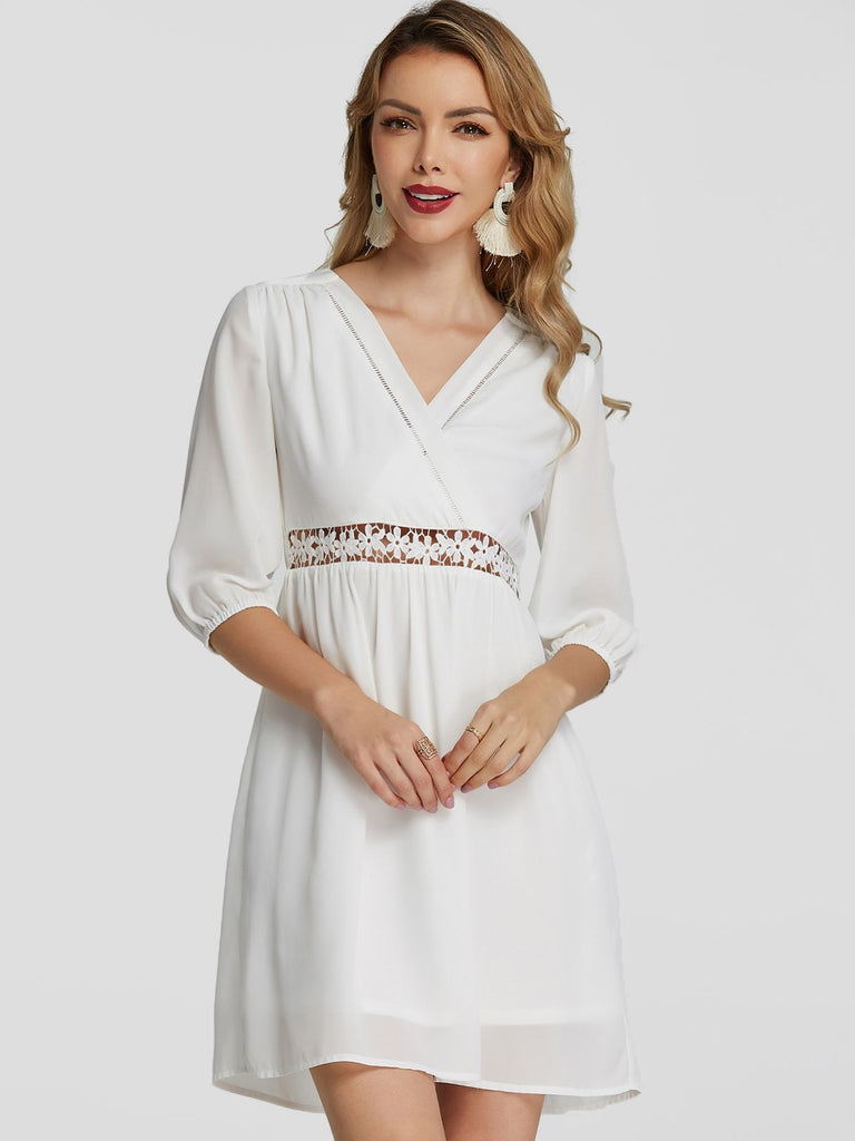 White V-Neck Half Sleeve Plain Crossed Front Hollow Mini Dresses