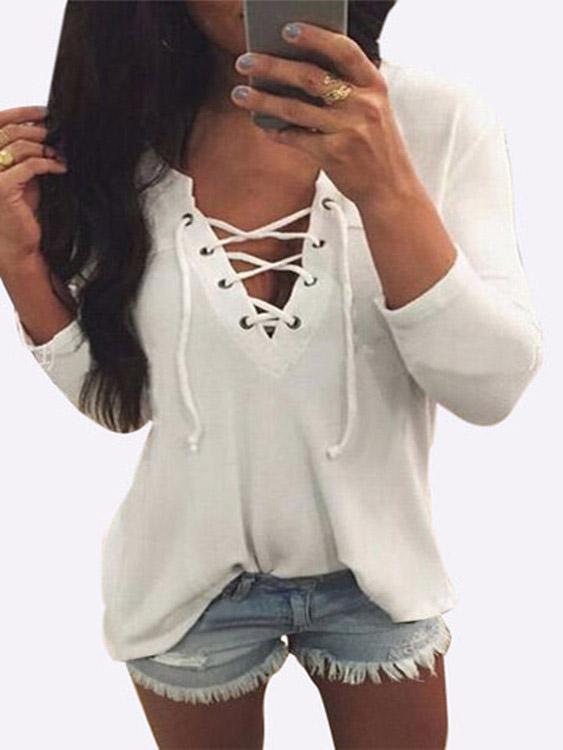 Deep V Neck Crossed Front Lace-Up Long Sleeve T-Shirts