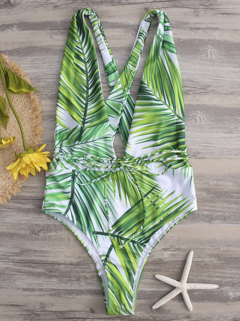 Green Deep V Neck Sleeveless Floral Print Backless Self-Tie Criss-Cross One-Pieces Swimwears