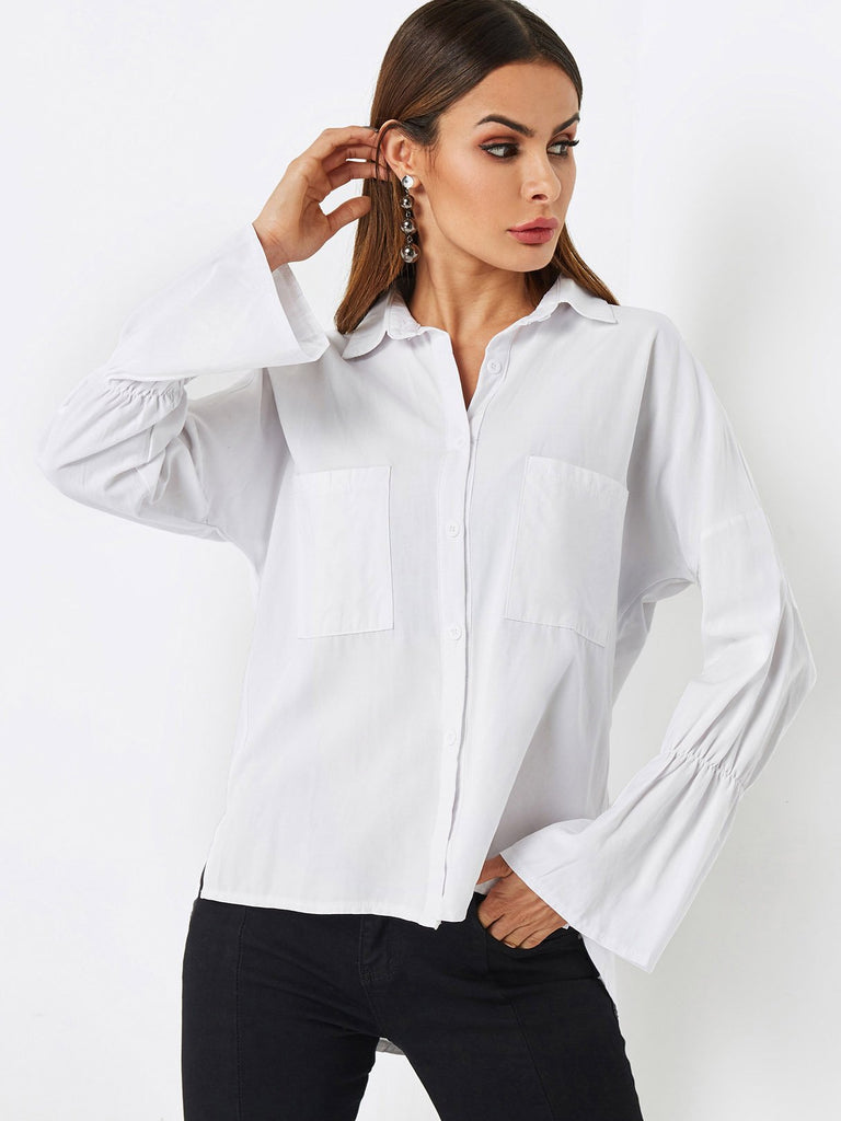 Classic Collar Side Pockets Long Sleeve White Blouses