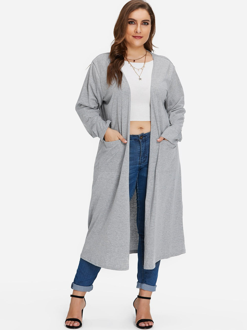Plain Long Sleeve Grey Plus Size Coats & Jackets