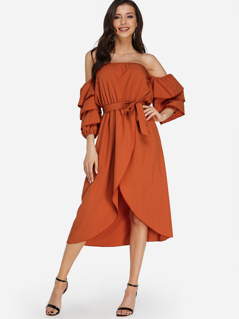 Red Off The Shoulder Long Sleeve Plain Belt Self-Tie Irregular Hem Dresses