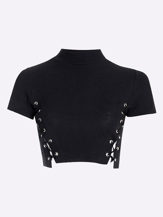 Lace-Up Short Sleeve Black Top