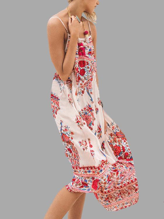 Sleeveless Floral Print Backless Spaghetti Strap Maxi Dress