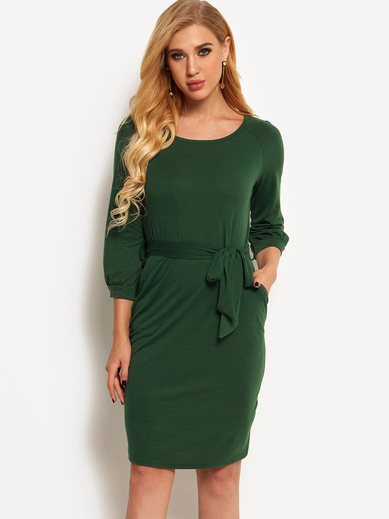 Army Green Round Neck 3/4 Sleeve Plain Self-Tie Casual Dresses