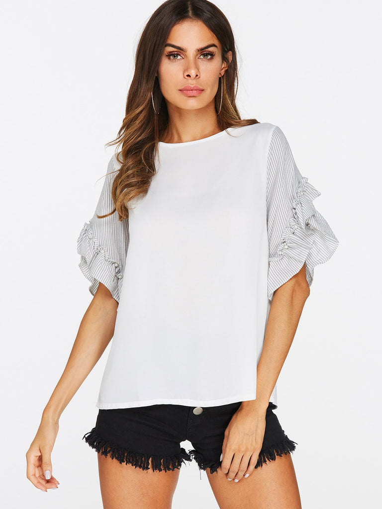 Ruffle Trim Cuffs Round Neck T-Shirts