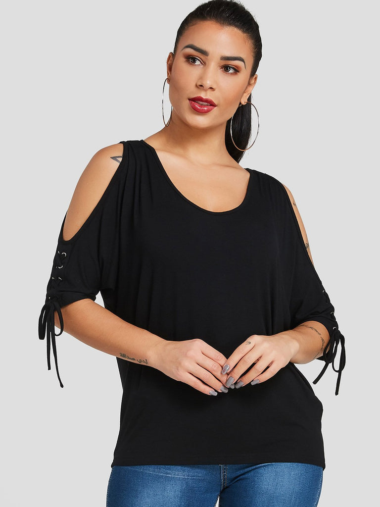 Cold Shoulder Tie-Up Half Sleeve Black T-Shirts