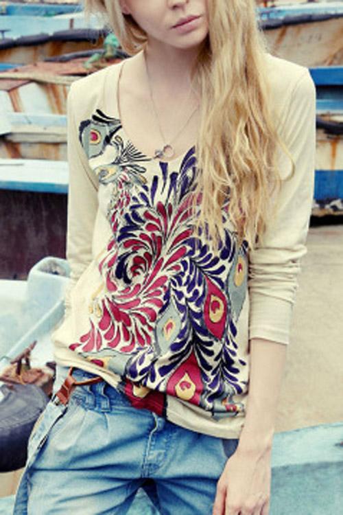 Round Neck Printed Long Sleeve Apricot T-Shirts