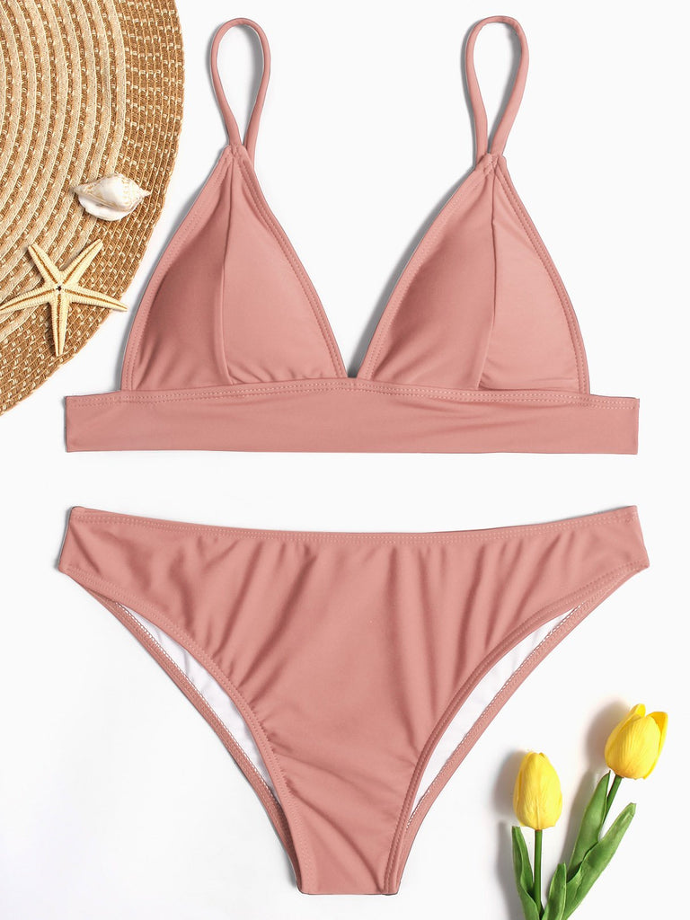 V-Neck Plain Backless Two Piece Bikinis