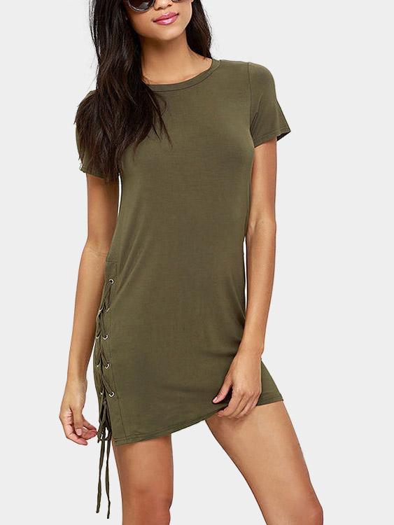 Army Green Scoop Neck Short Sleeve Lace-Up Casual Dresses