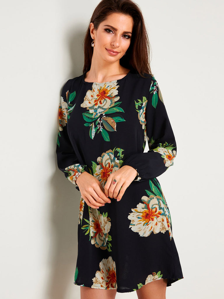 Black Round Neck Long Sleeve Floral Print Hollow Dresses