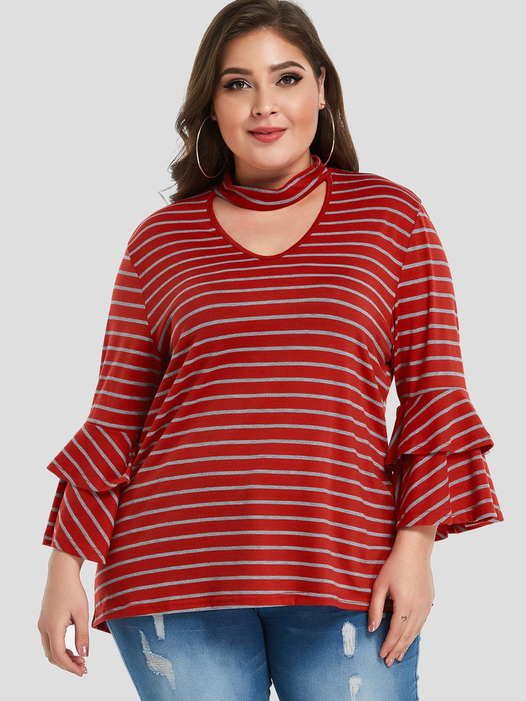 V-Neck Stripe Tiered Ruffle Trim Long Sleeve Plus Size Tops
