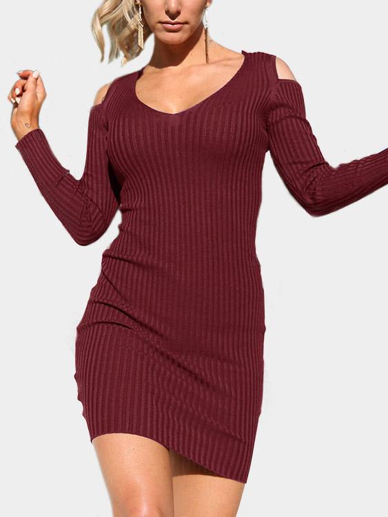 Burgundy V-Neck Cold Shoulder Long Sleeve Mini Dress