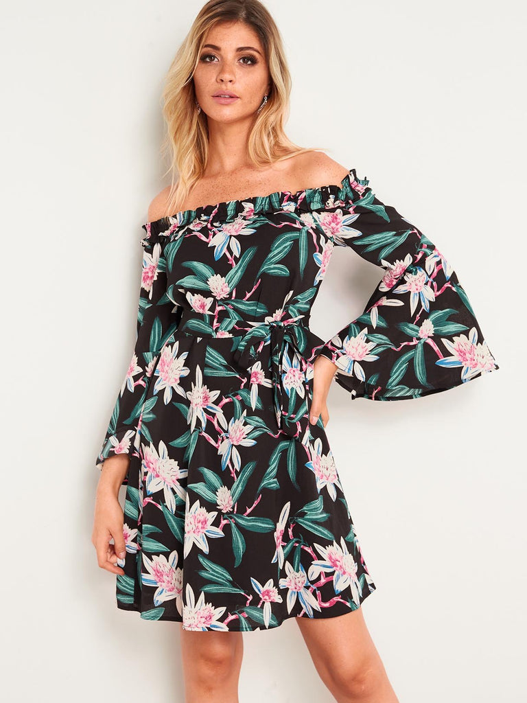 Black Off The Shoulder Long Sleeve Floral Print Lace-Up Dress