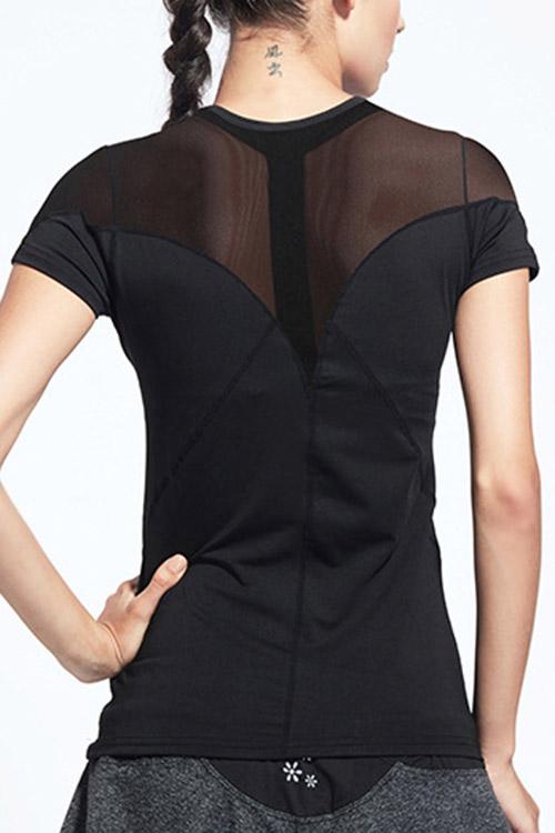 Crew Neck Sheer Fishnet Short Sleeve Black T-Shirts