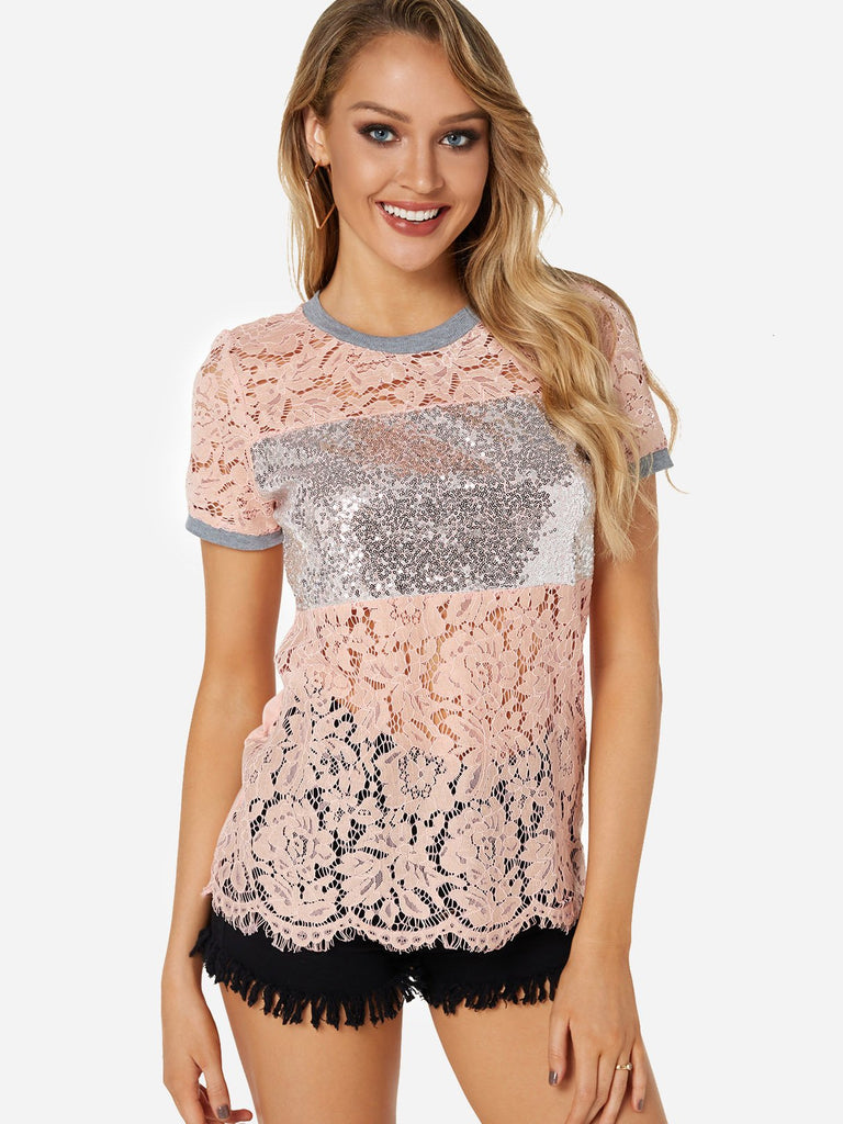 Crew Neck Plain Hollow Sequins Embellished Short Sleeve T-Shirts