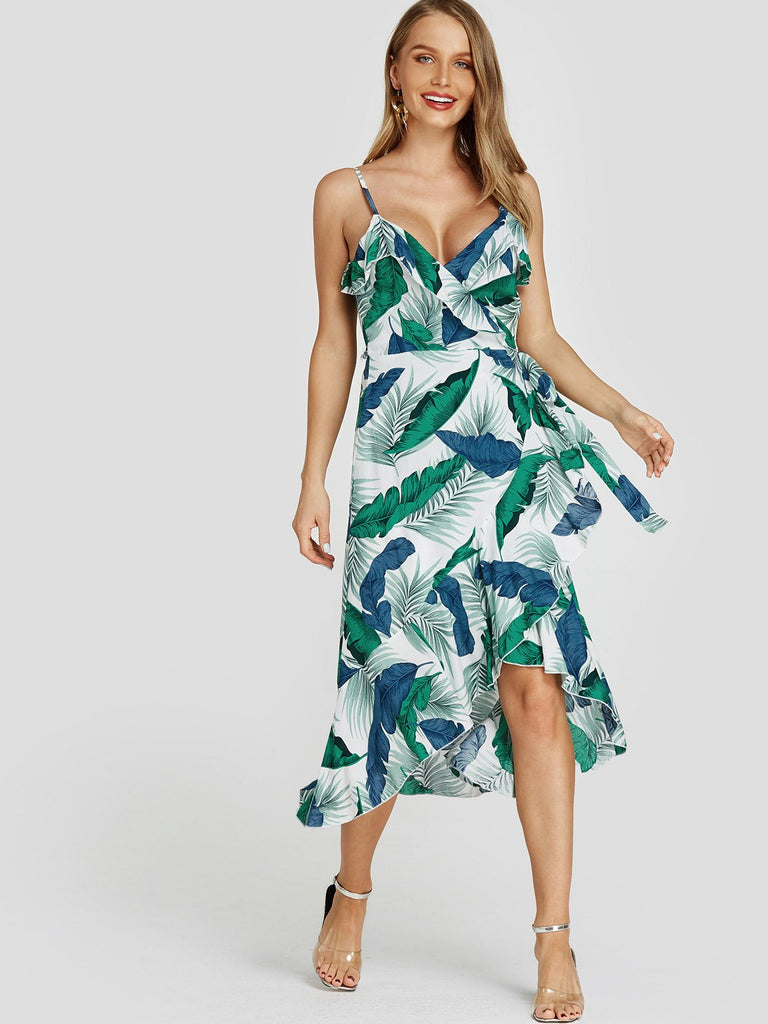 Green V-Neck Sleeveless Floral Print Self-Tie Wrap Flounced Hem Dresses