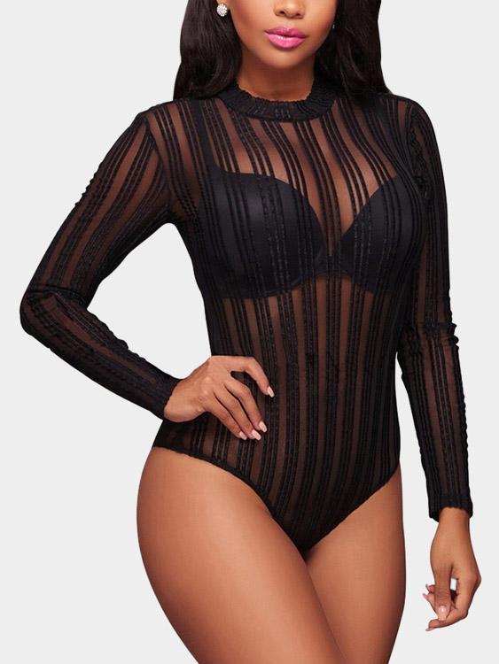 Black Perkins Collar Long Sleeve Stripe Bodysuits