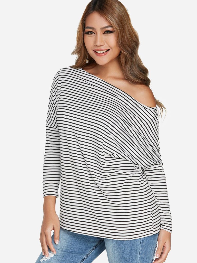 One Shoulder Stripe Long Sleeve T-Shirts