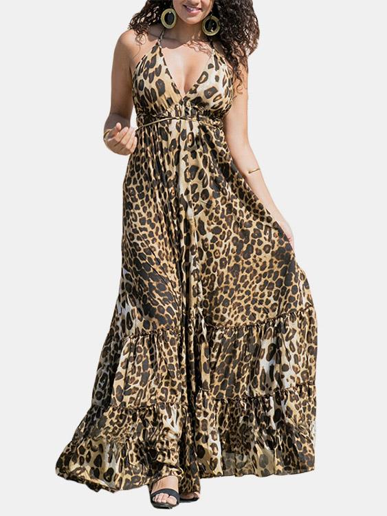 Halter Sleeveless Leopard Spaghetti Strap Irregular Hem Casual Dresses
