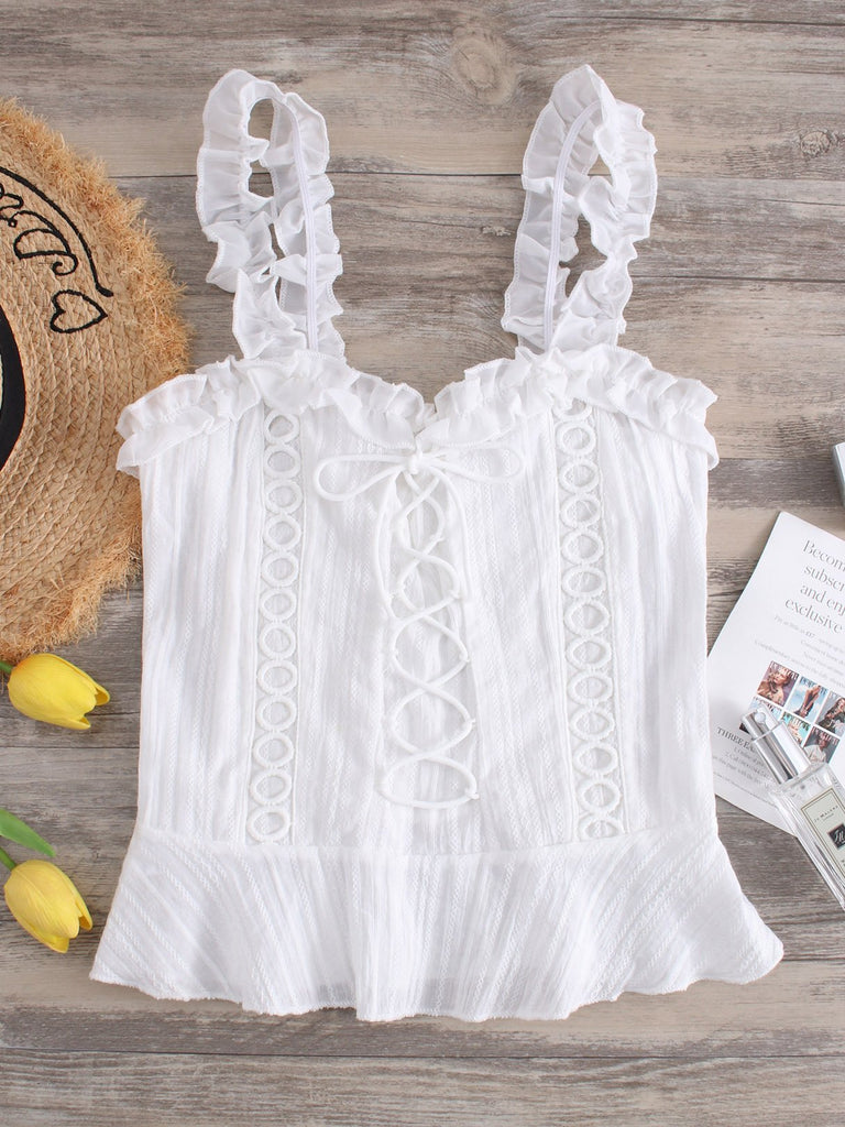 Plain Lace-Up Sleeveless White Camis