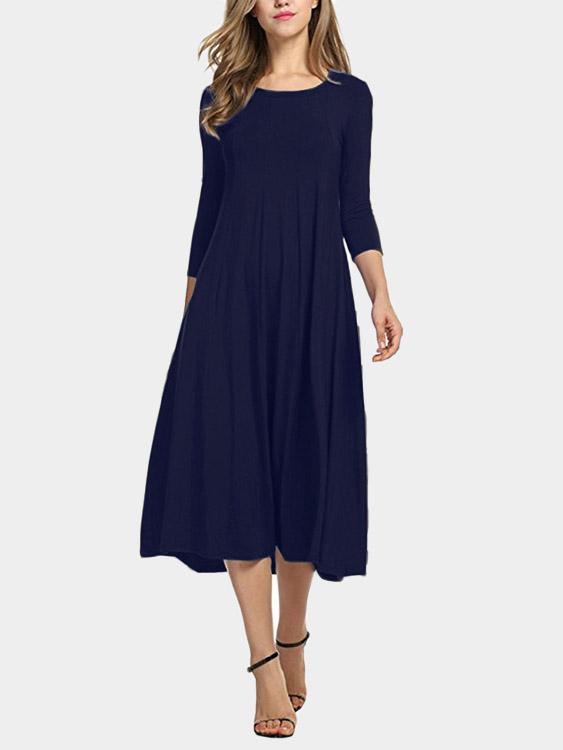 Round Neck 3/4 Length Sleeve Midi Dress