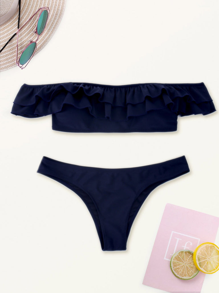 Blue One Shoulder Short Sleeve Plain Two Piece Bikinis