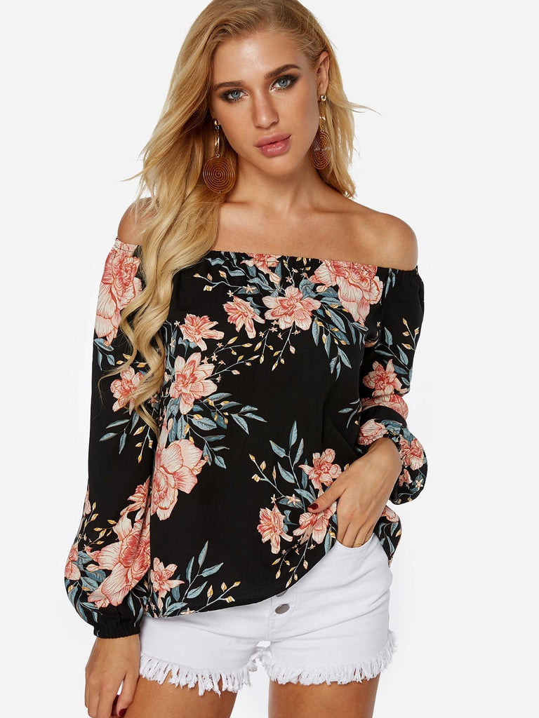 Off The Shoulder Floral Print Long Sleeve Black Blouses